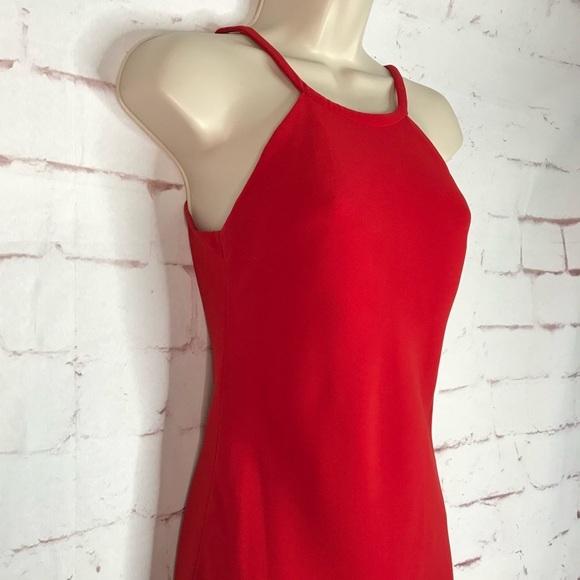 CALVIN KLEIN Halter Neck Size 4 Red Crepe Floor Length Maxi Gown Prom Dress - Picture 4 of 16